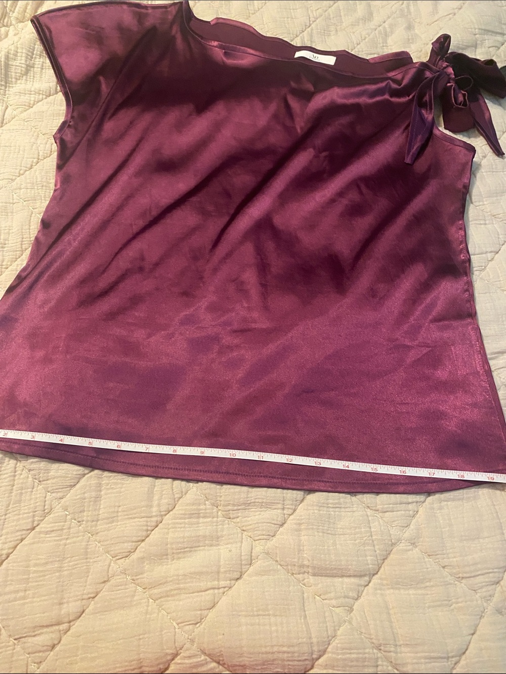 Amazon Satin One-Shoulder Bow Cowl Neck Top in Plum - Picture 7 of 11
